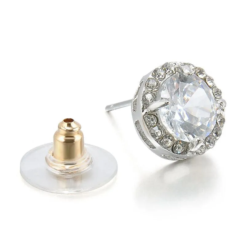 Round Halo White Zircon Silver Plated Stud Earrings