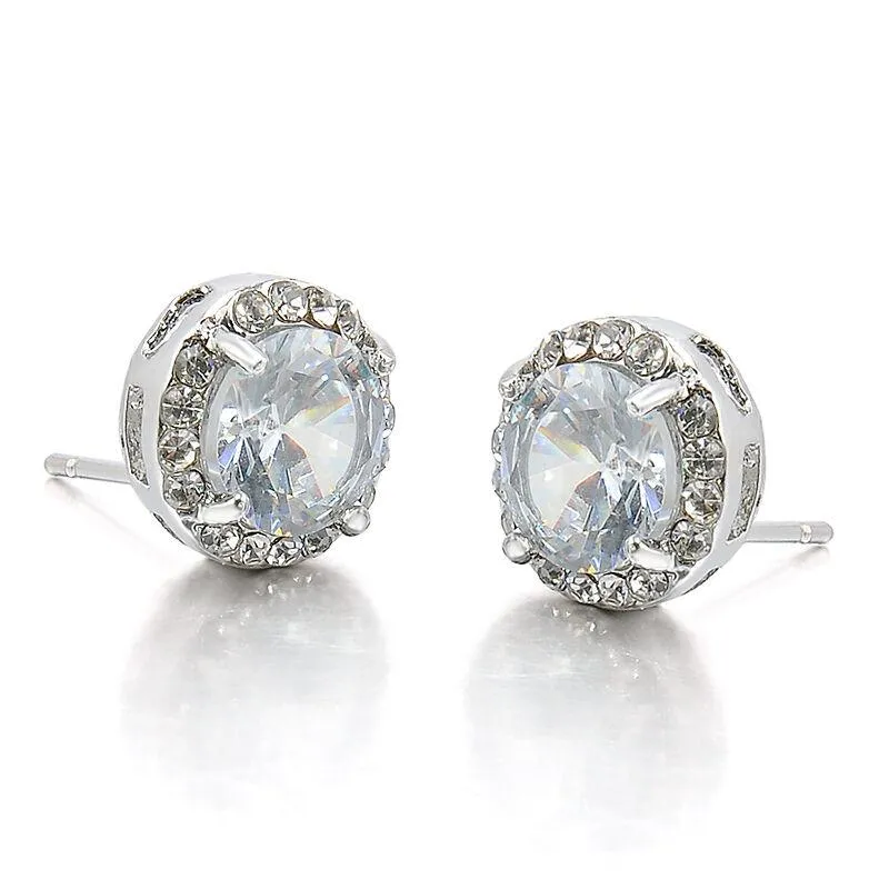 Round Halo White Zircon Silver Plated Stud Earrings