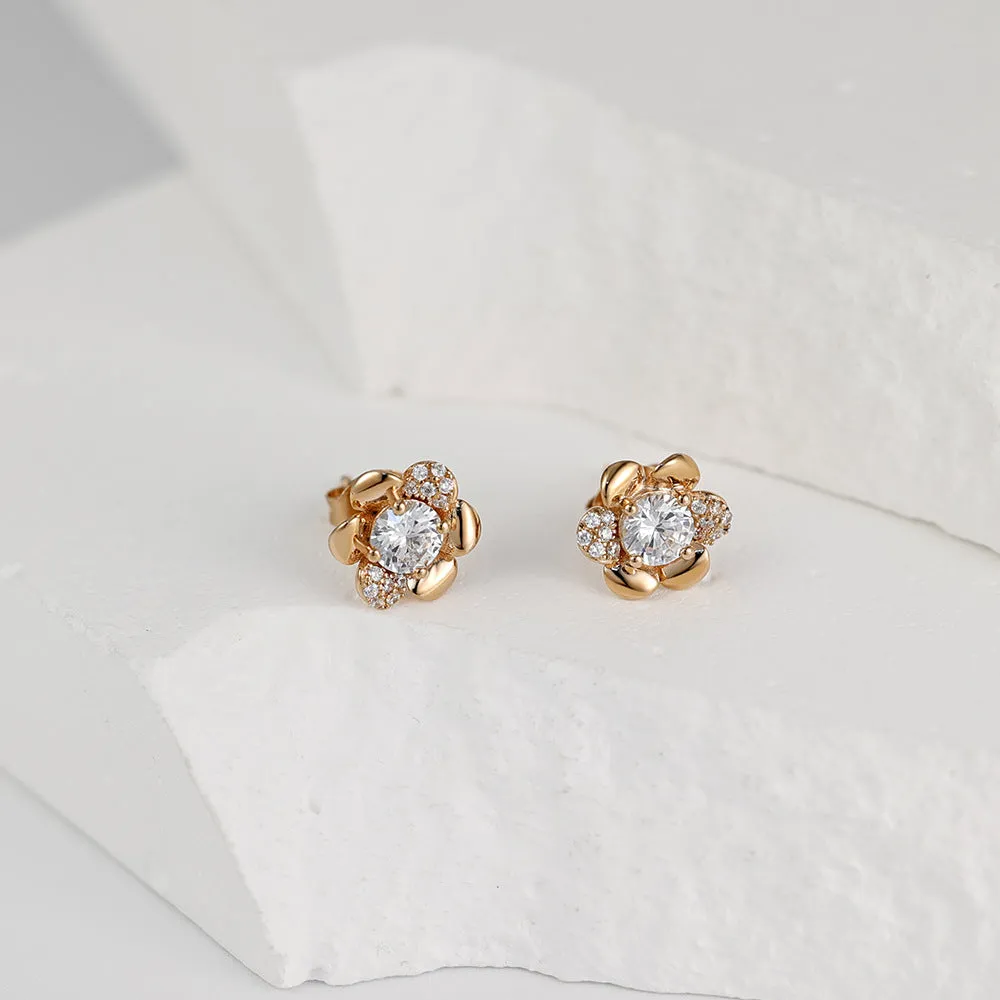 Round Zircon Camellia Silver Studs Earrings for Women