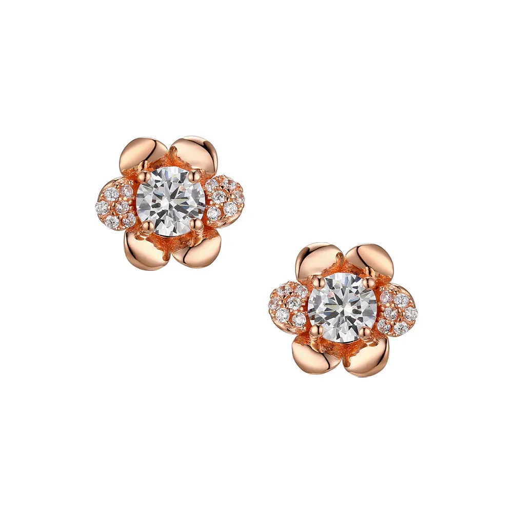 Round Zircon Camellia Silver Studs Earrings for Women