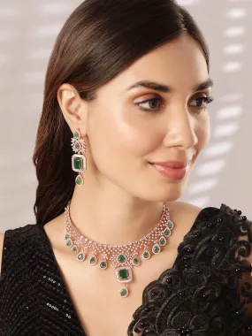 Rubans Radiant Elegance 18K Rose Gold Emerald Zirconia Studded Jewelry Set