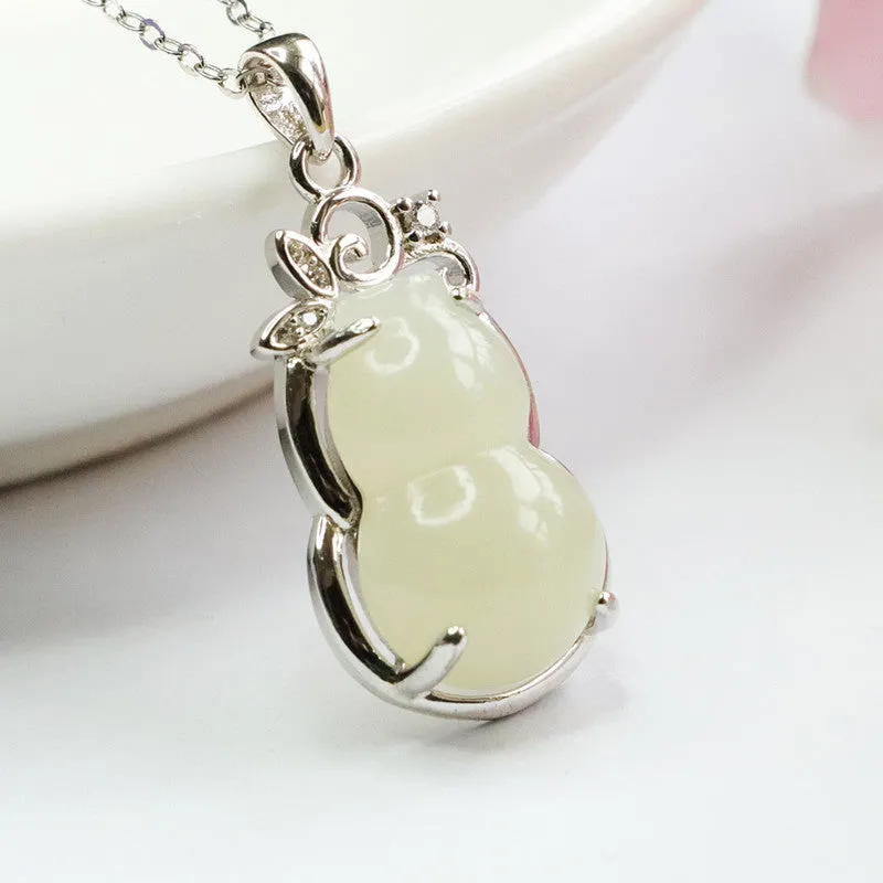 S925 Silver Natural Hetian Jade Pendant White Jade Gourd Zircon Leaf Necklace Jewelry