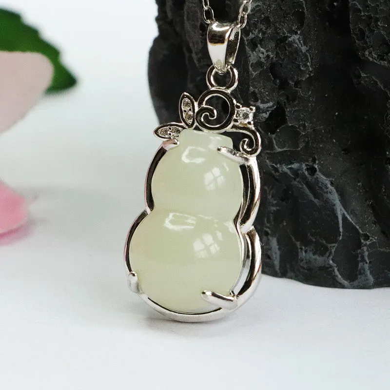 S925 Silver Natural Hetian Jade Pendant White Jade Gourd Zircon Leaf Necklace Jewelry