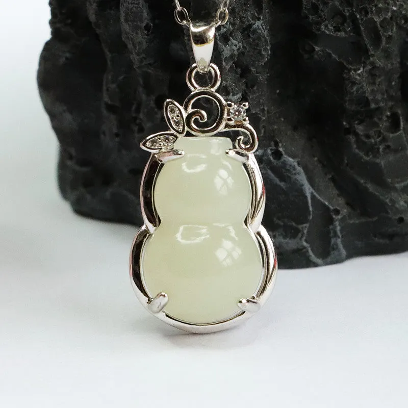 S925 Silver Natural Hetian Jade Pendant White Jade Gourd Zircon Leaf Necklace Jewelry