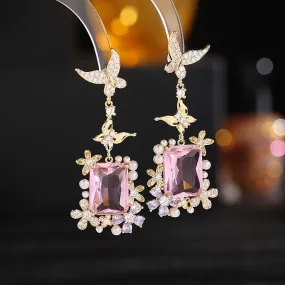 S925 silver needle super flash square zircon earrings light luxury pearl flower butterfly earrings LYX178