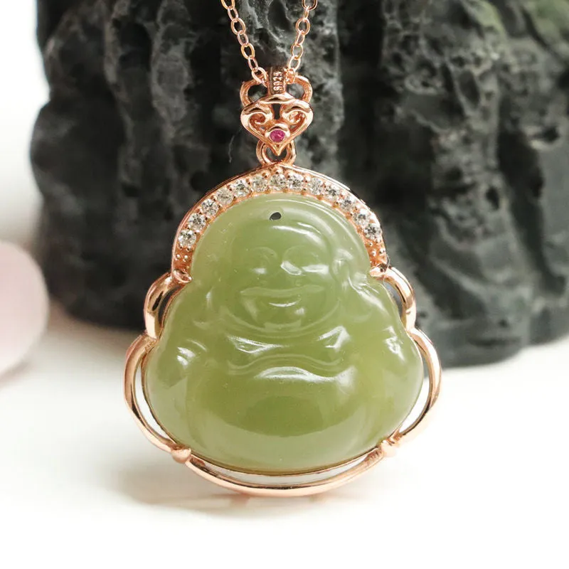 S925 Sterling Silver Maitreya Buddha Necklace with Hotan Jade Pendant