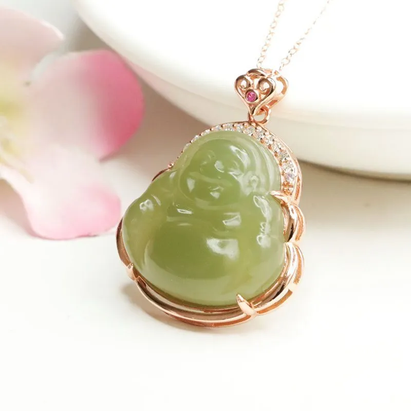 S925 Sterling Silver Maitreya Buddha Necklace with Hotan Jade Pendant