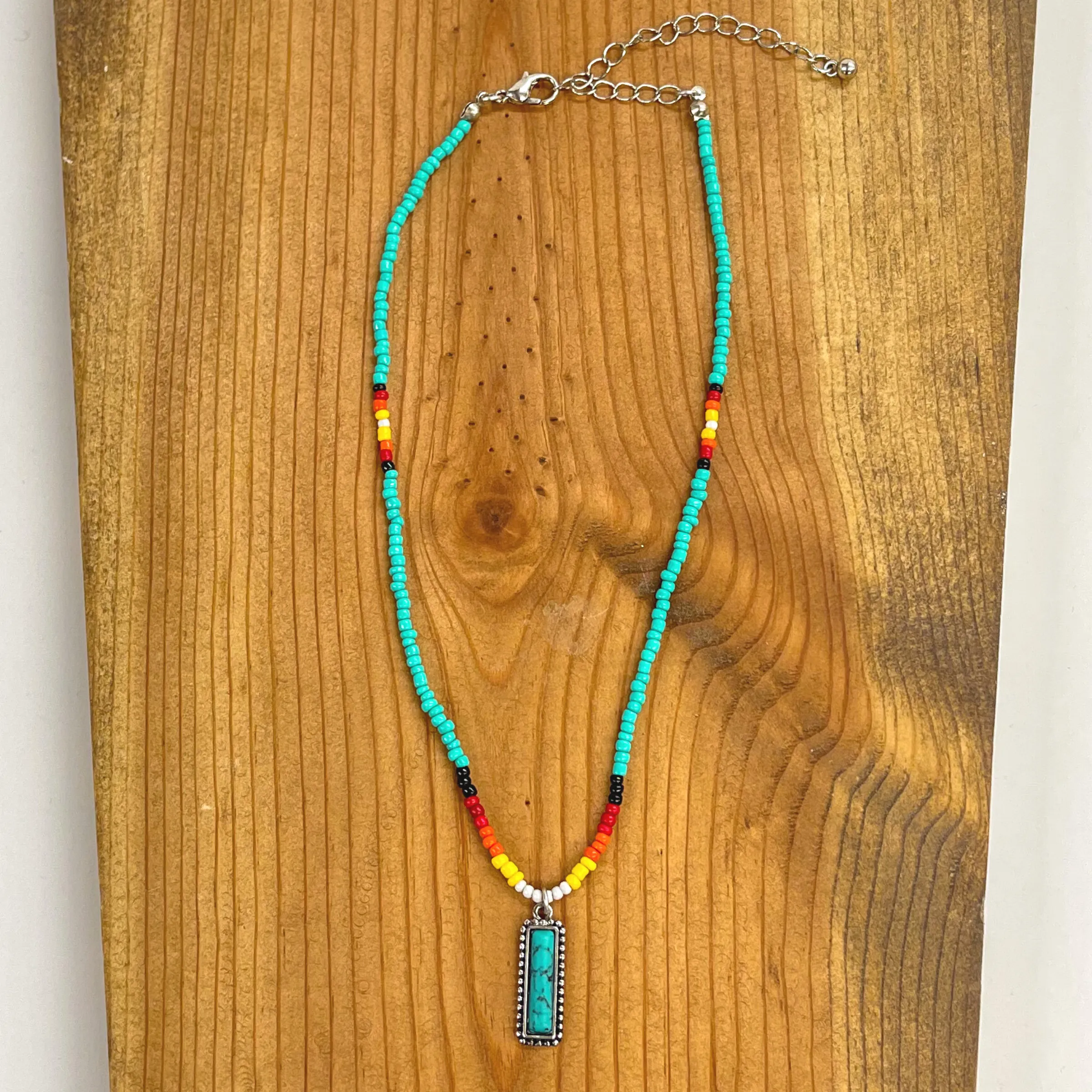 Seed Beaded Choker Necklace with Faux Turquoise Stone Bar Pendant in Turquoise