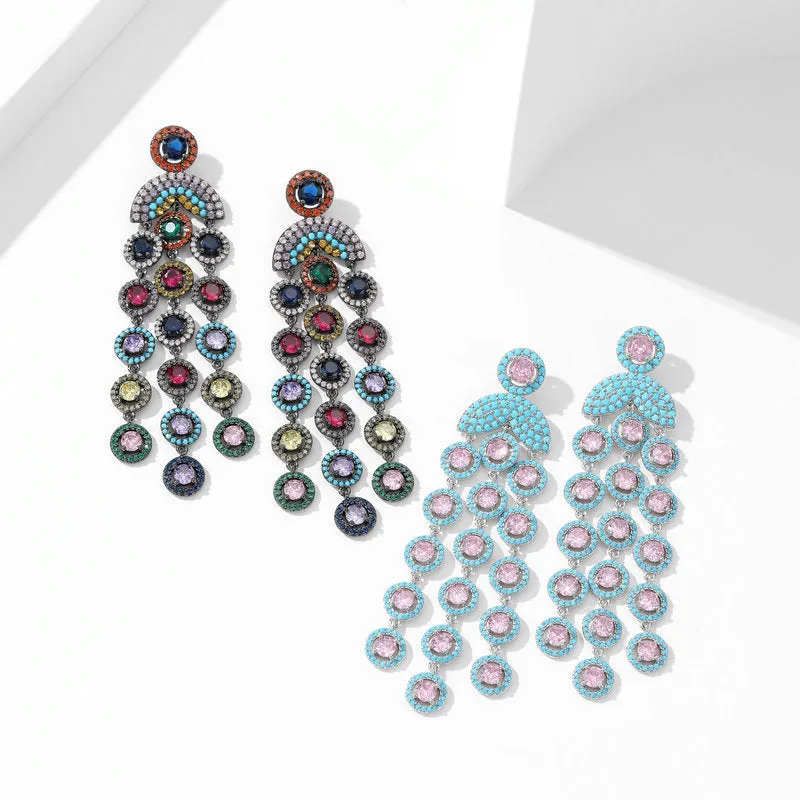 Shining Colorful Round Crystal Fringed Long Boho Earrings 925 Silver Needles