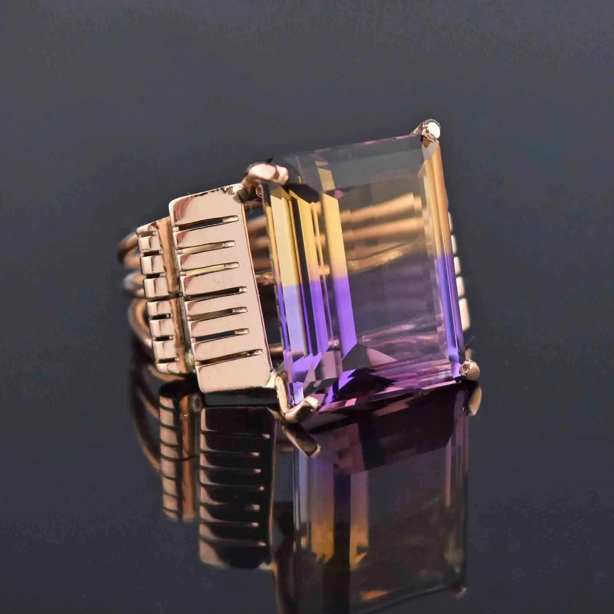 Signed Retro 14K Gold Large 14 CTW Ametrine Ring, Sz 6