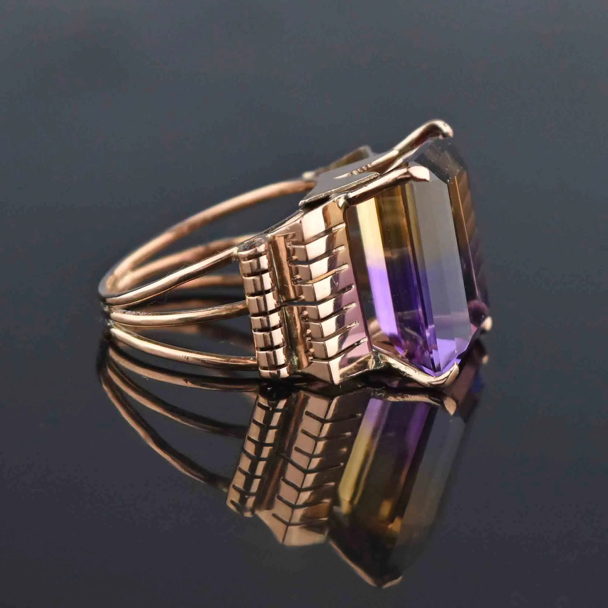 Signed Retro 14K Gold Large 14 CTW Ametrine Ring, Sz 6