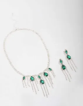 Silver Emerald & Diamante Drop Jewellery Set