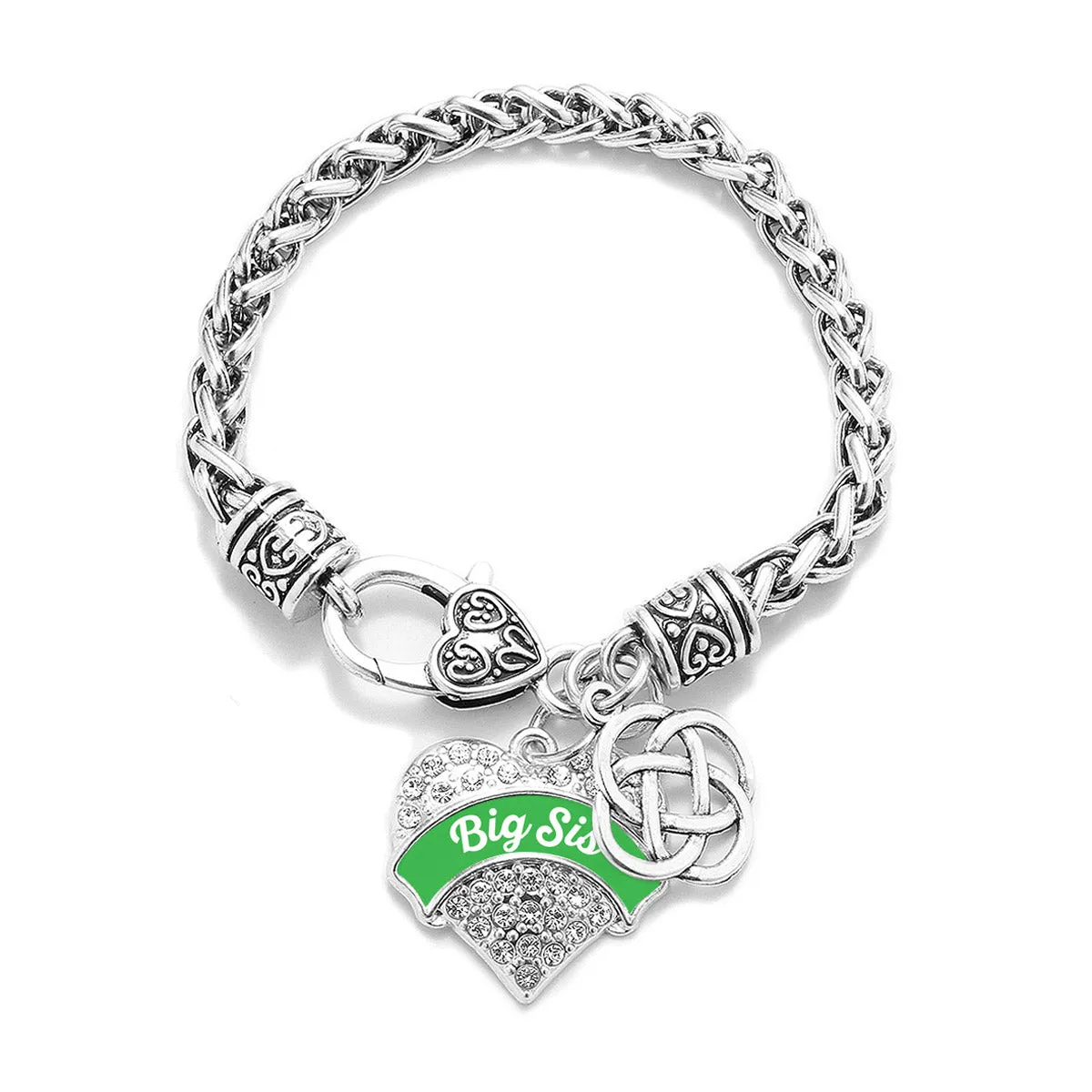 Silver Emerald Green Big Sis Celtic Knot Pave Heart Charm Braided Bracelet