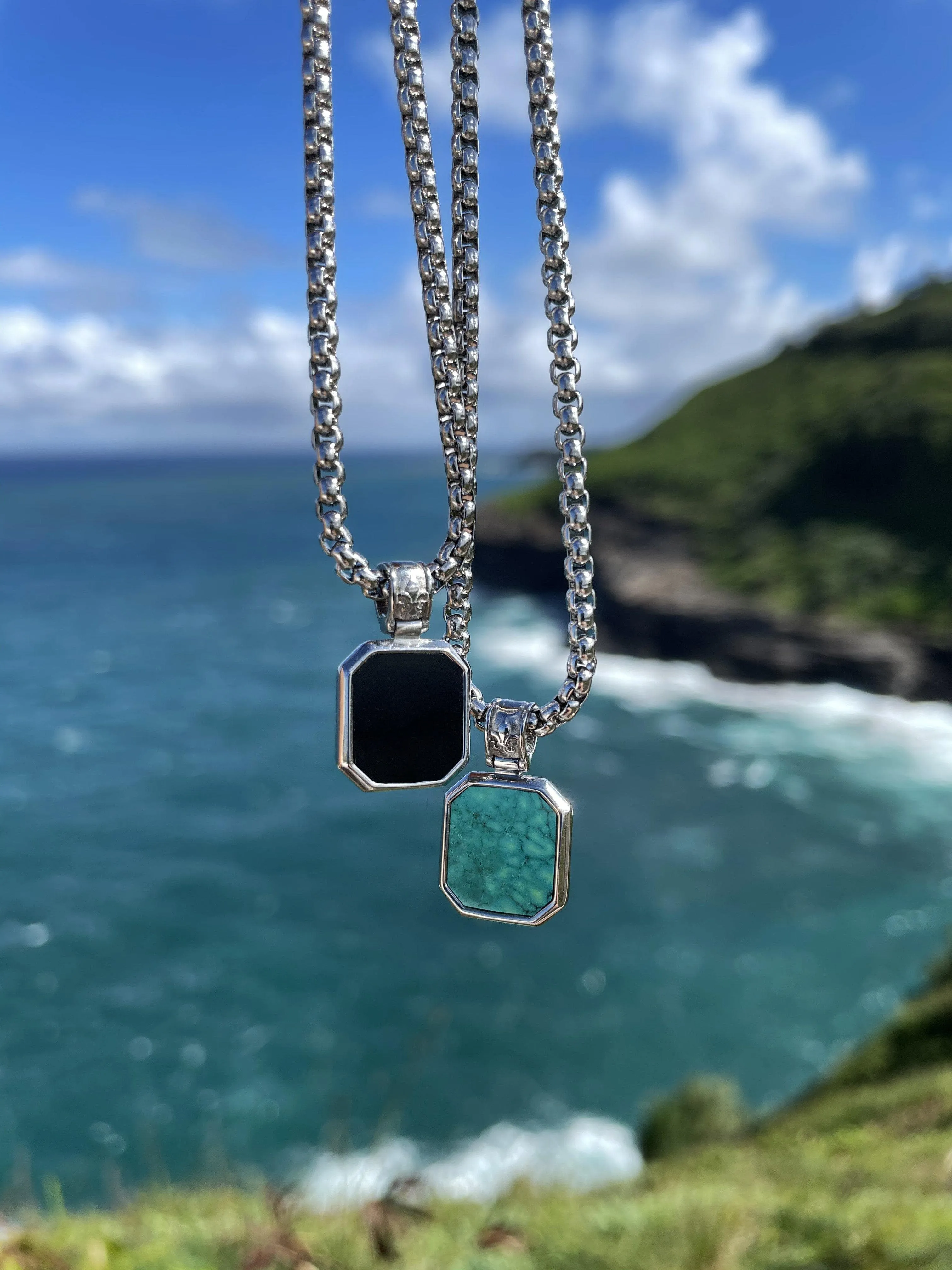 Silver Necklace with Square Turquoise Pendant