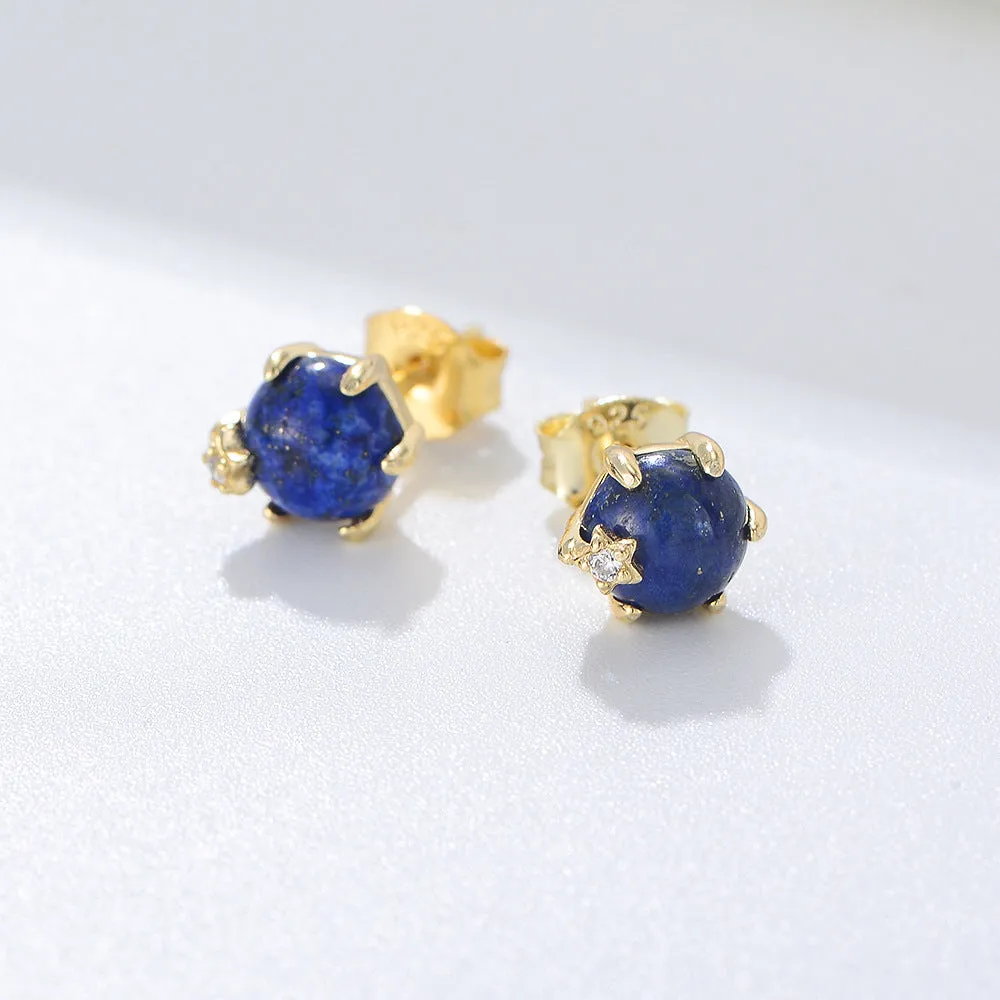 Six Prongs Natural Lapis Lazuli Beads Silver Studs Earrings for Women