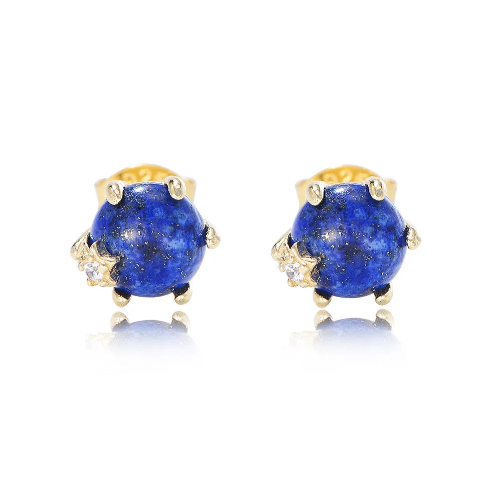 Six Prongs Natural Lapis Lazuli Beads Silver Studs Earrings for Women