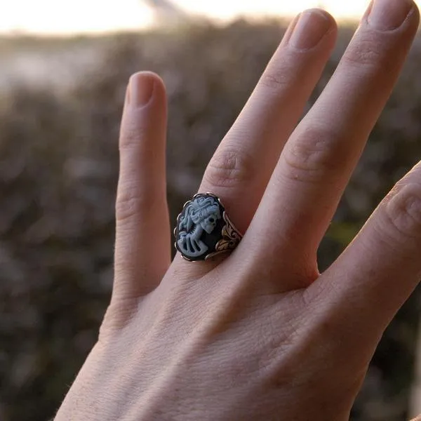 Skeleton Lady Cameo Ring- Green and Brass