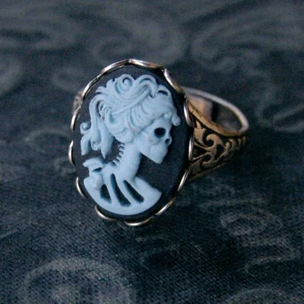 Skeleton Lady Cameo Ring- Green and Brass