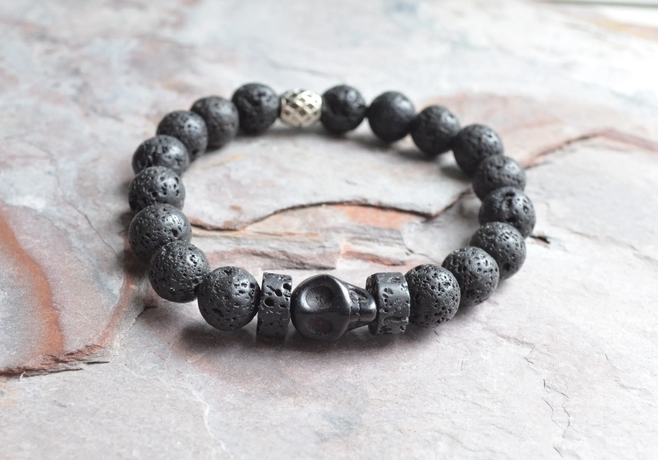 Skull Stretch Bracelet, Mens Lava Rock Bracelet, Women's Bracelet