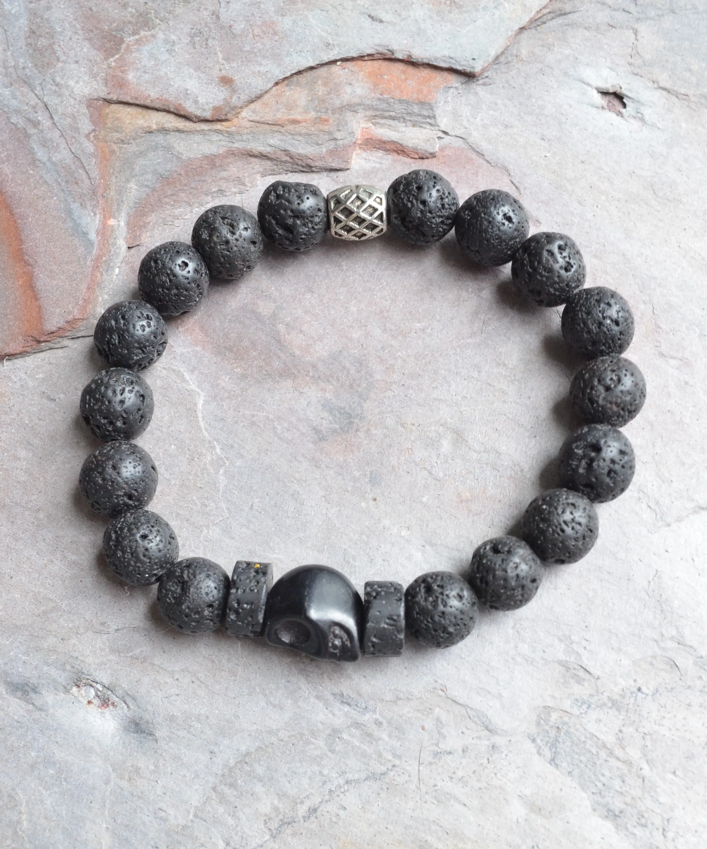 Skull Stretch Bracelet, Mens Lava Rock Bracelet, Women's Bracelet