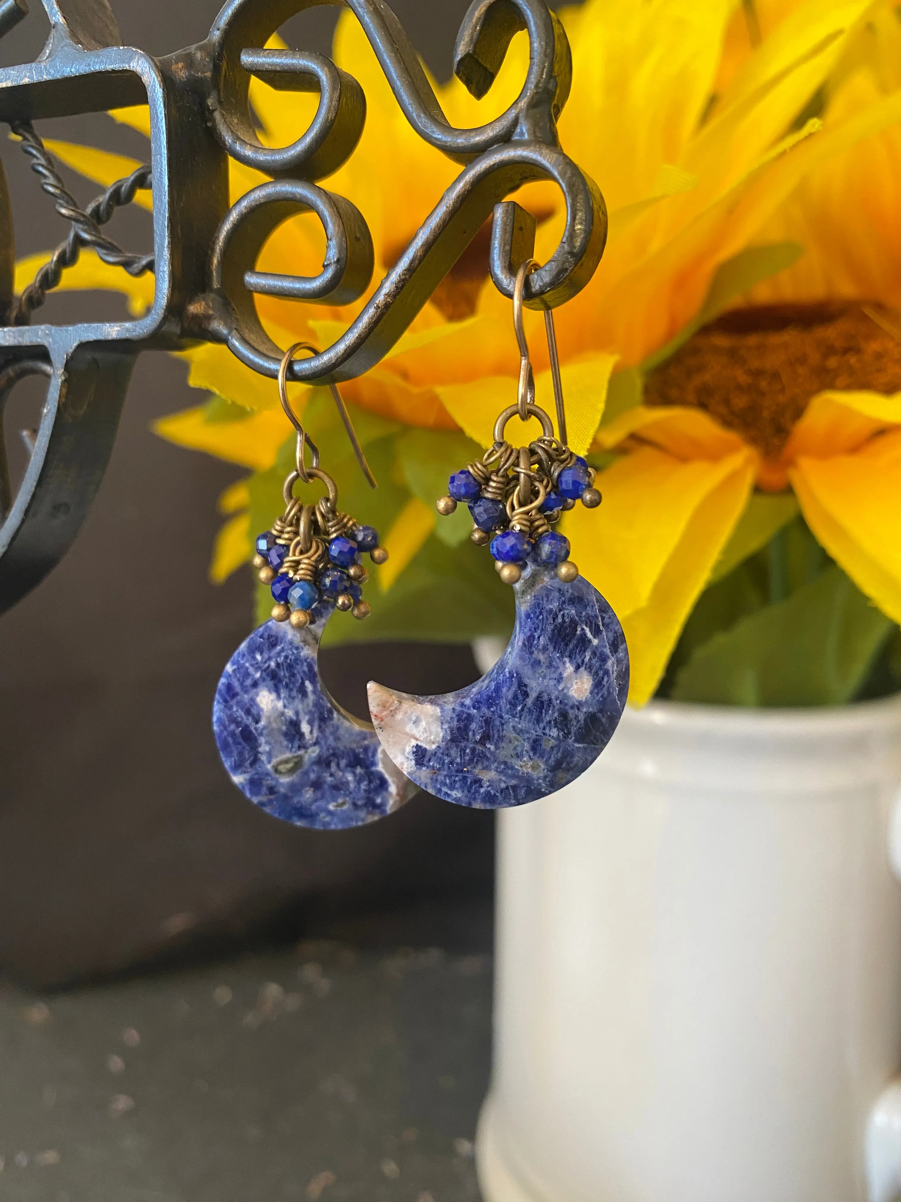 Sodalite moon stones, Lapis lazuli stone dangles, bronze metal, earring