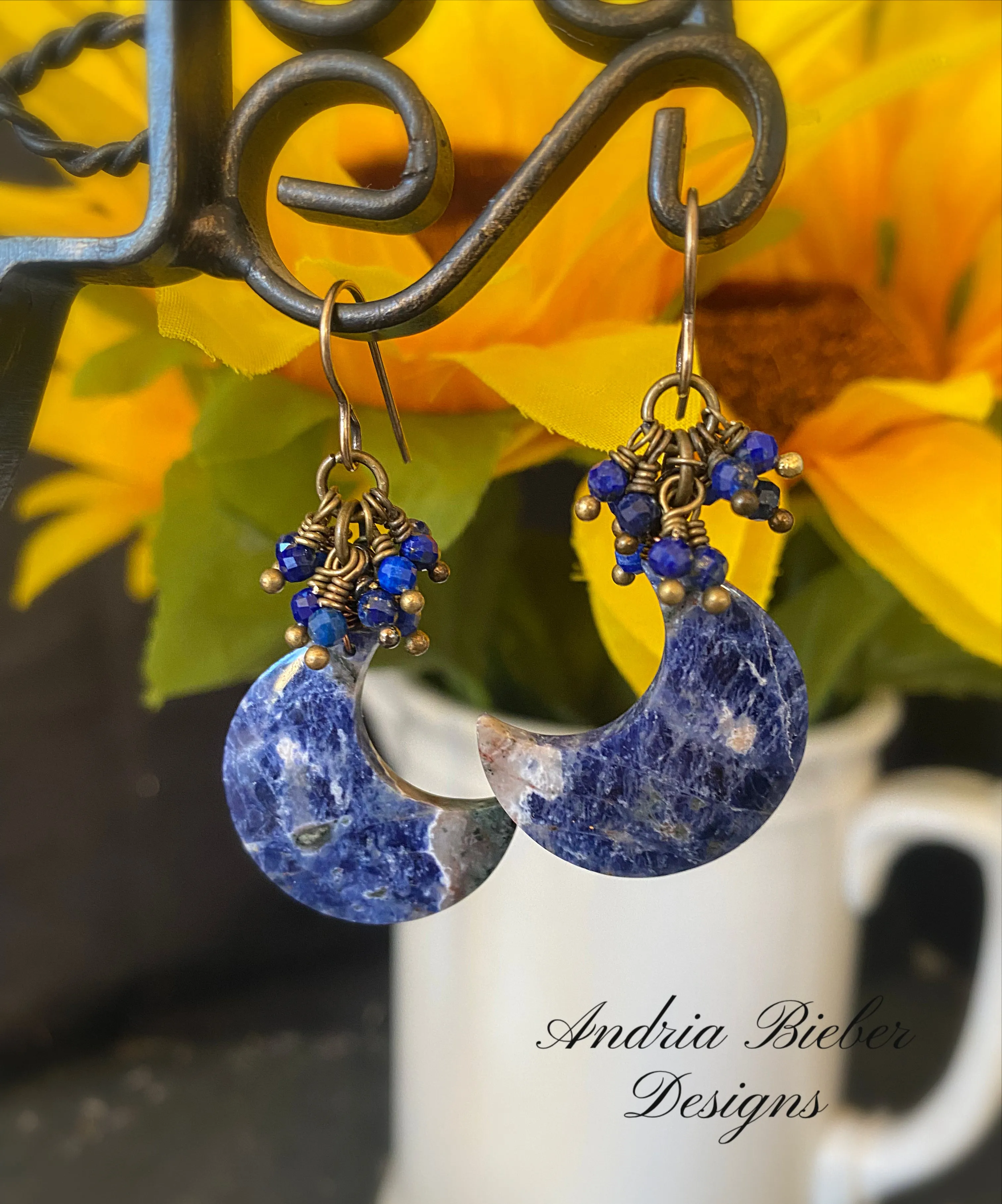 Sodalite moon stones, Lapis lazuli stone dangles, bronze metal, earring