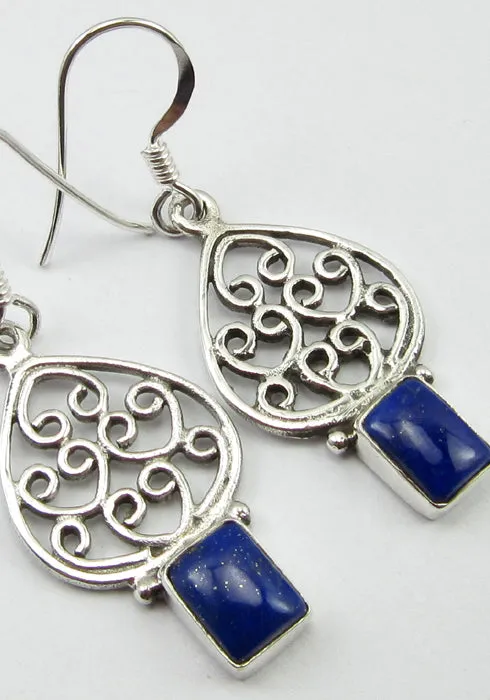 Solid Silver Lapis Lazuli Moroccan Style Drop Earrings