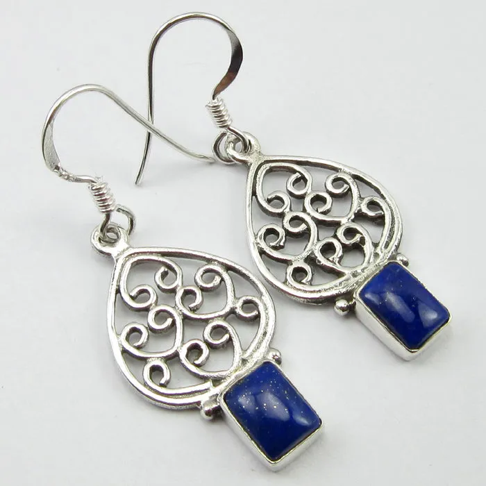 Solid Silver Lapis Lazuli Moroccan Style Drop Earrings