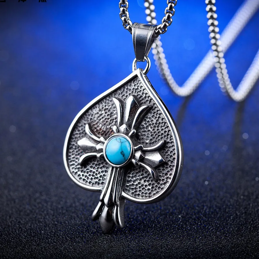 Spades Cross Flower Blue Turquoise Titanium Steel Necklace for Men