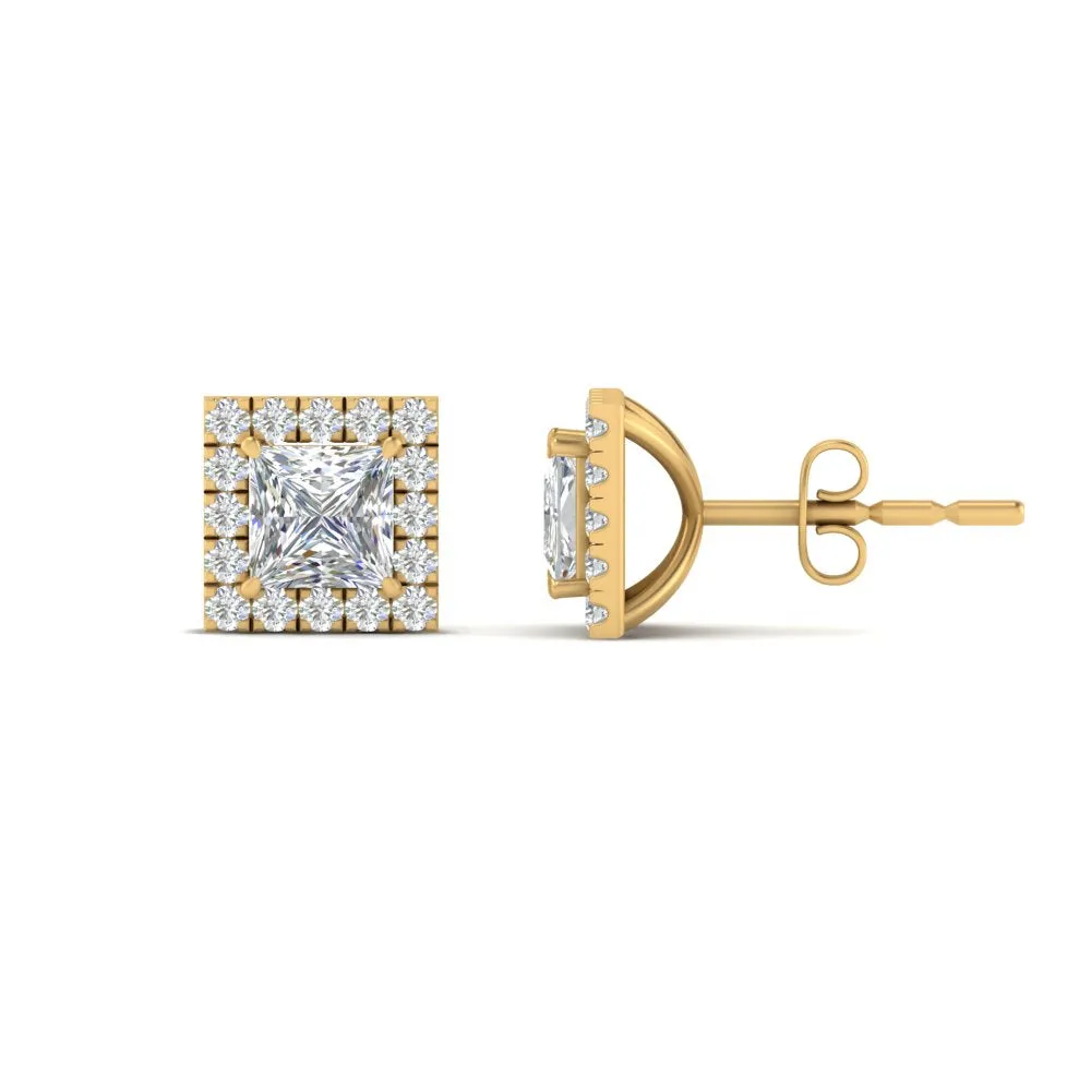 Square Cut Halo Lab Diamond Stud Earring For Women In 14K Gold