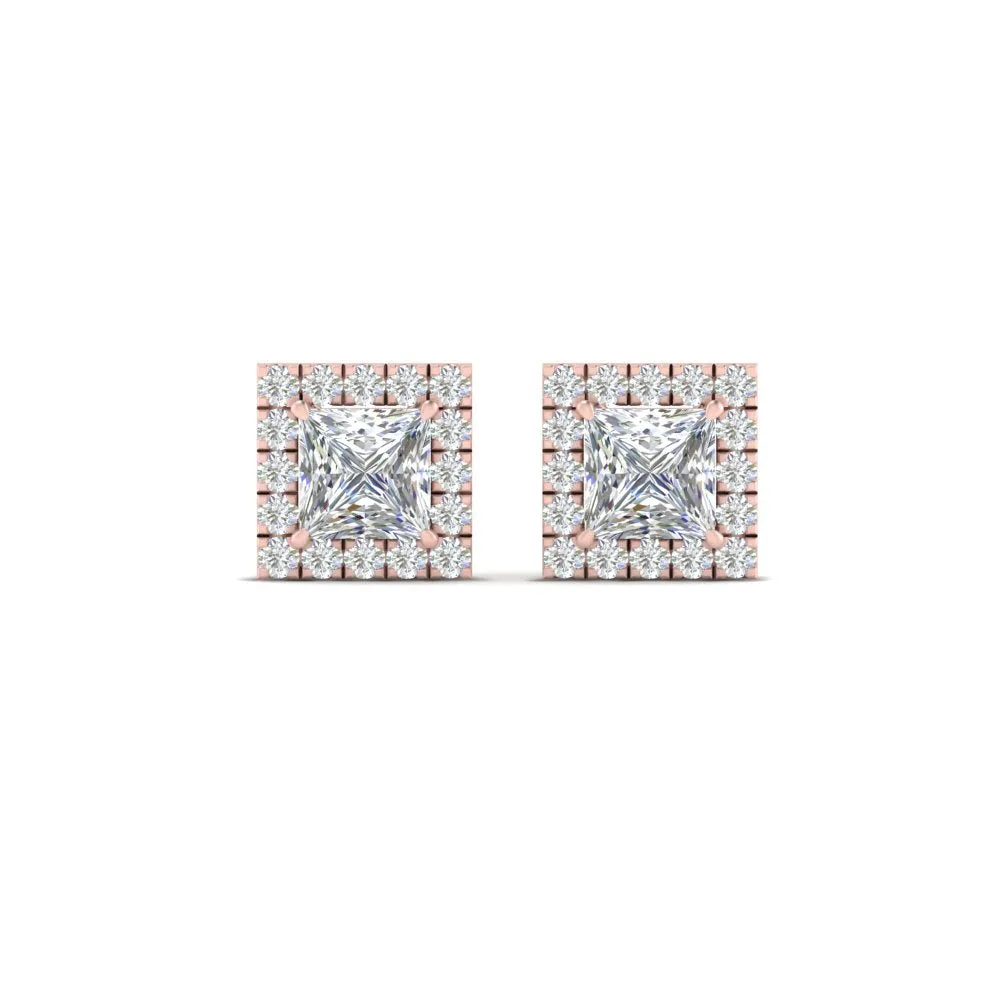 Square Cut Halo Lab Diamond Stud Earring For Women In 14K Gold