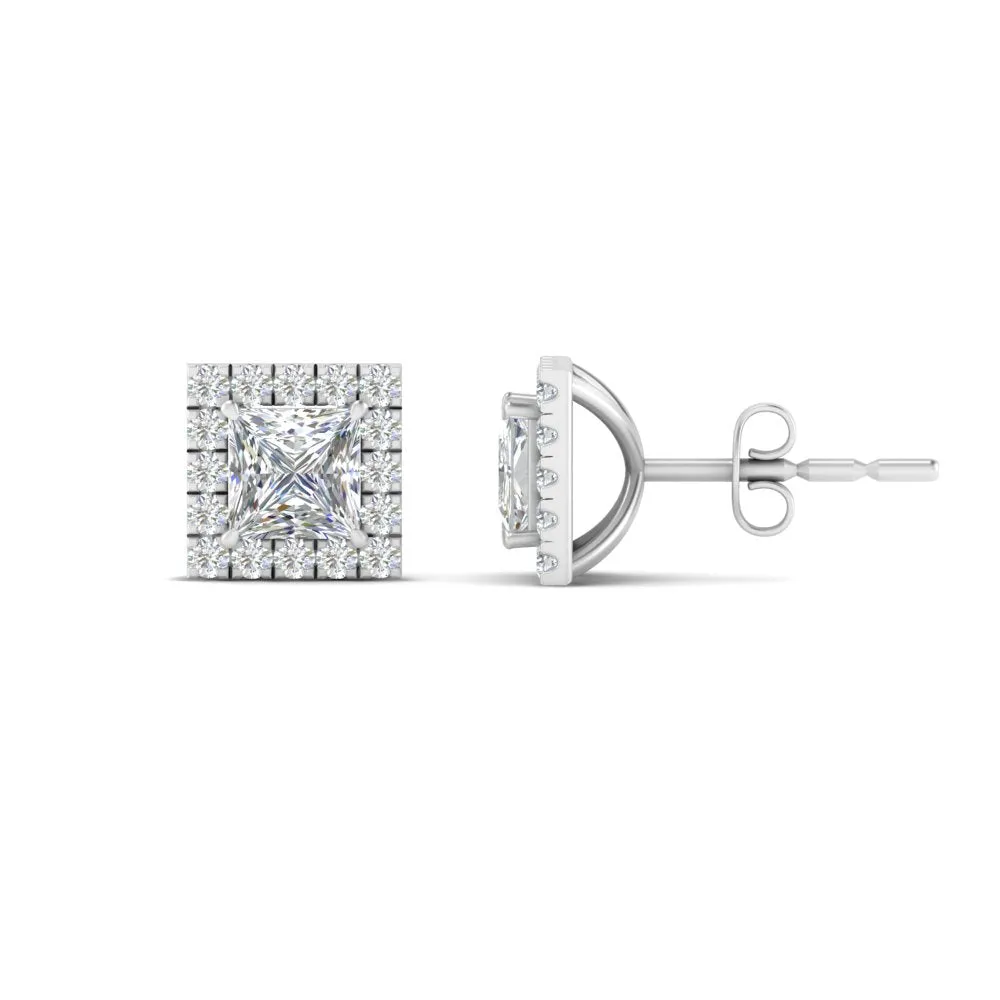 Square Cut Halo Lab Diamond Stud Earring For Women In 14K Gold