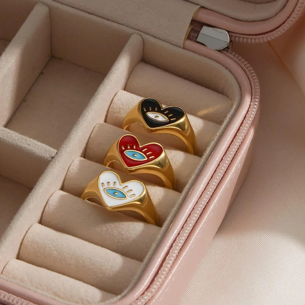 Stainless Steel 18K Gold Plated Heart Evil Eye Ring