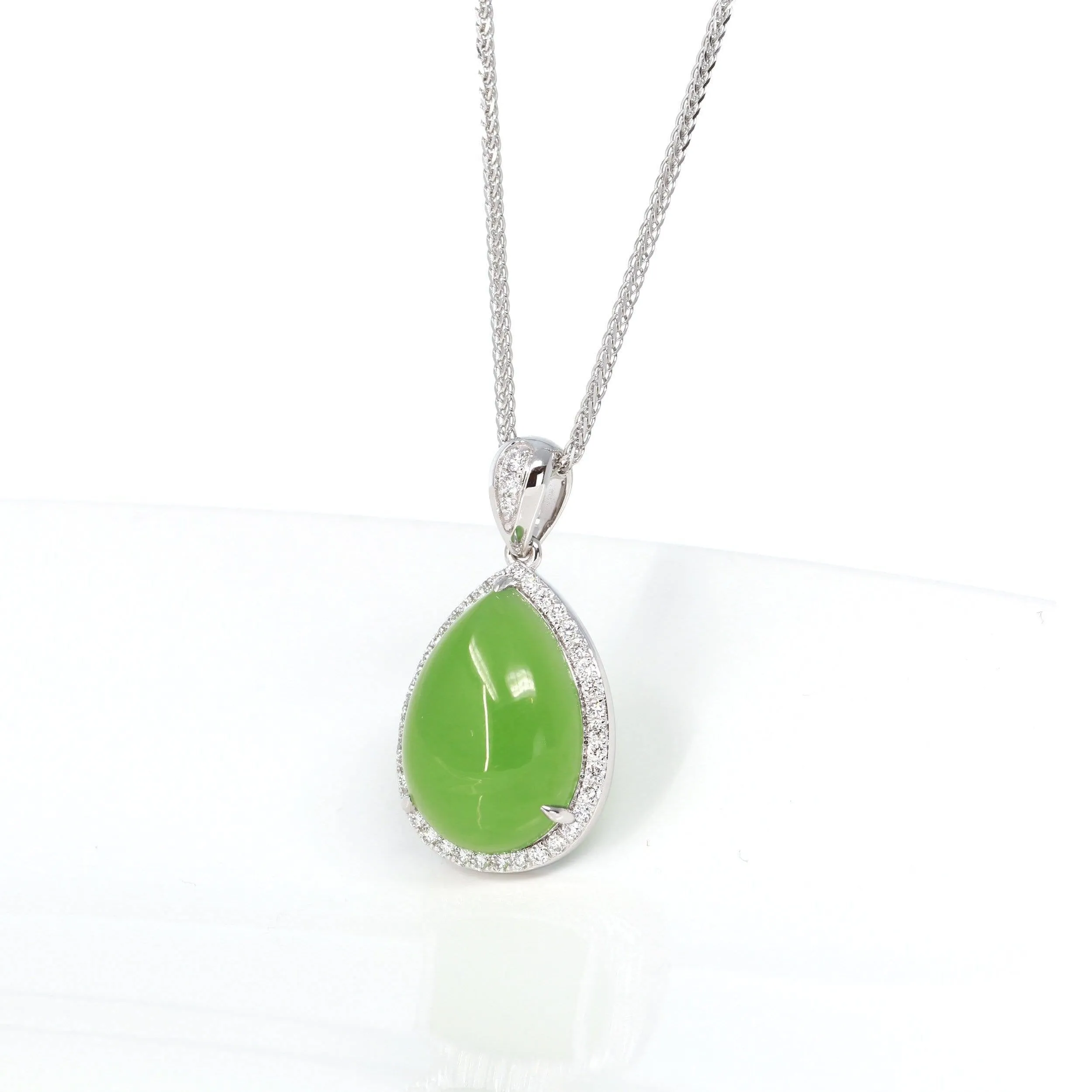 Sterling Silver Genuine Green Apple Green Jade Tear Drop Pendant Necklace With White Sapphire