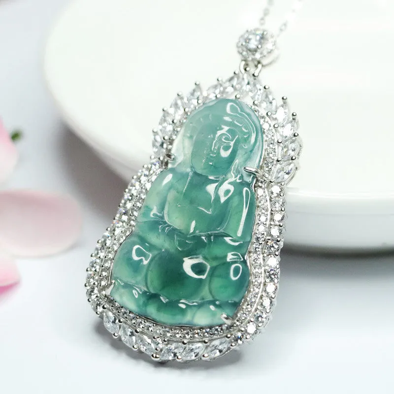 Sterling Silver Guanyin Necklace with Natural Blue Green Jade and Zircon Accents