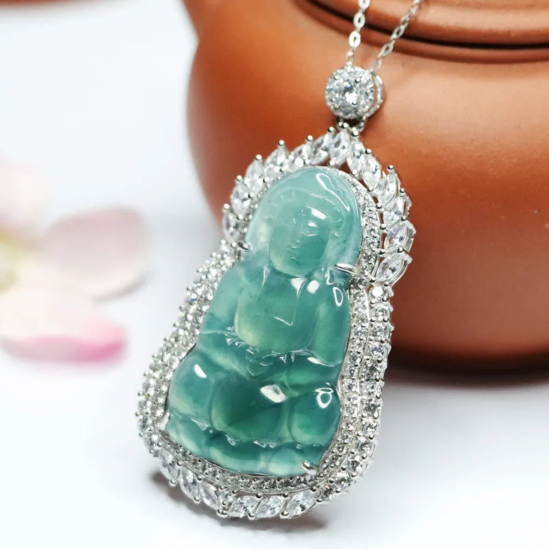 Sterling Silver Guanyin Necklace with Natural Blue Green Jade and Zircon Accents