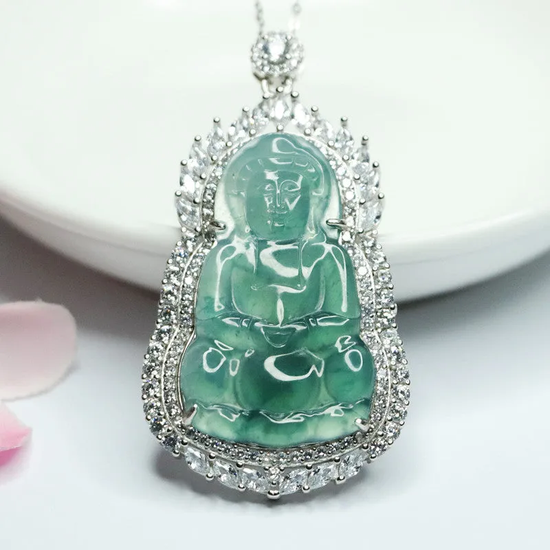 Sterling Silver Guanyin Necklace with Natural Blue Green Jade and Zircon Accents