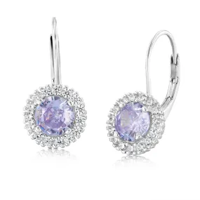 Sterling Silver Lavender And White Zirconia Halo Drop And Dangle Earrings