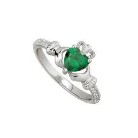 Sterling Silver May Birthstone Emerald Claddagh Ring