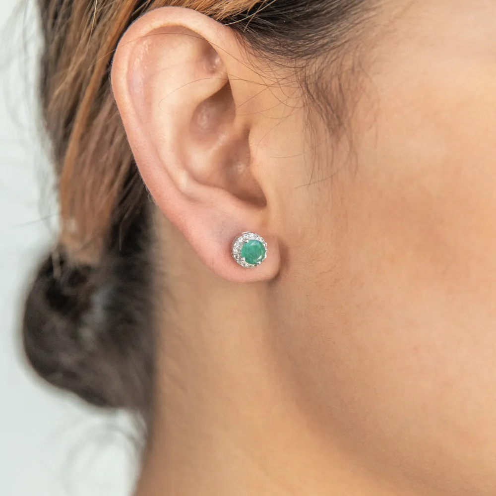 Sterling Silver Natural Enhanced Emerald and White Zircon Stud Earrings