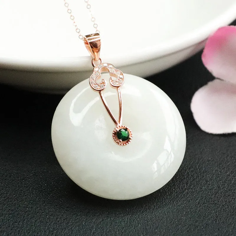 Sterling Silver Necklace with Hotan White Jade and Zircon Safety Clasp