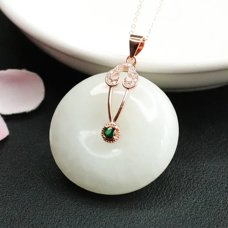 Sterling Silver Necklace with Hotan White Jade and Zircon Safety Clasp