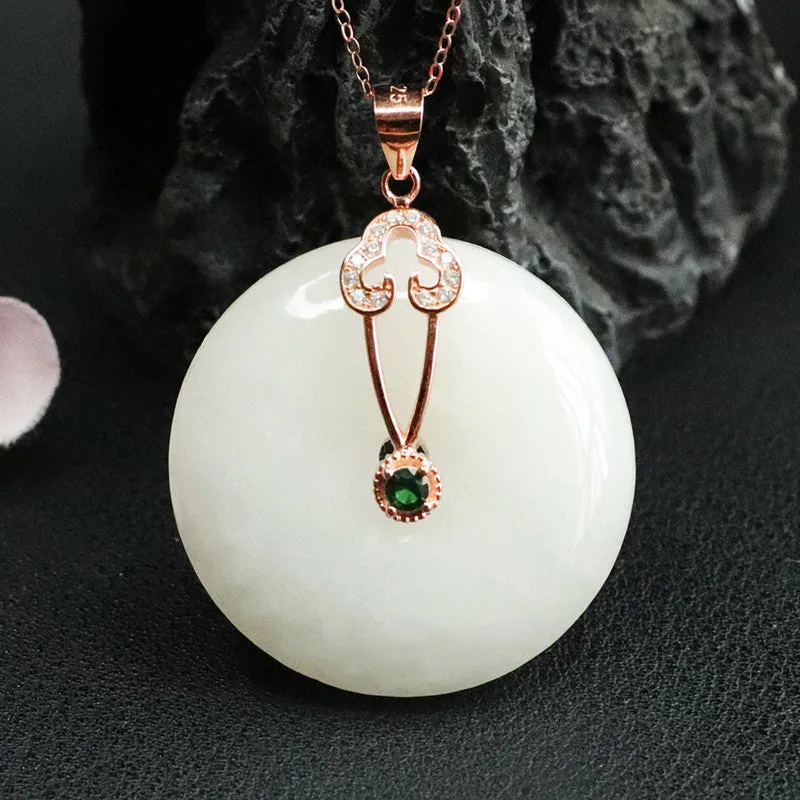 Sterling Silver Necklace with Hotan White Jade and Zircon Safety Clasp