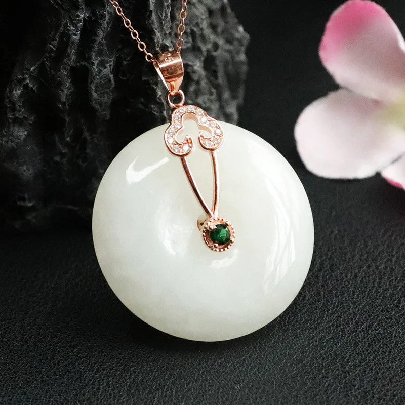 Sterling Silver Necklace with Hotan White Jade and Zircon Safety Clasp