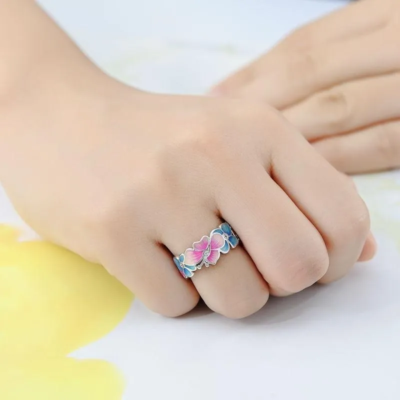 Sterling Silver Pink Blue Butterfly Flower CZ Band Ring