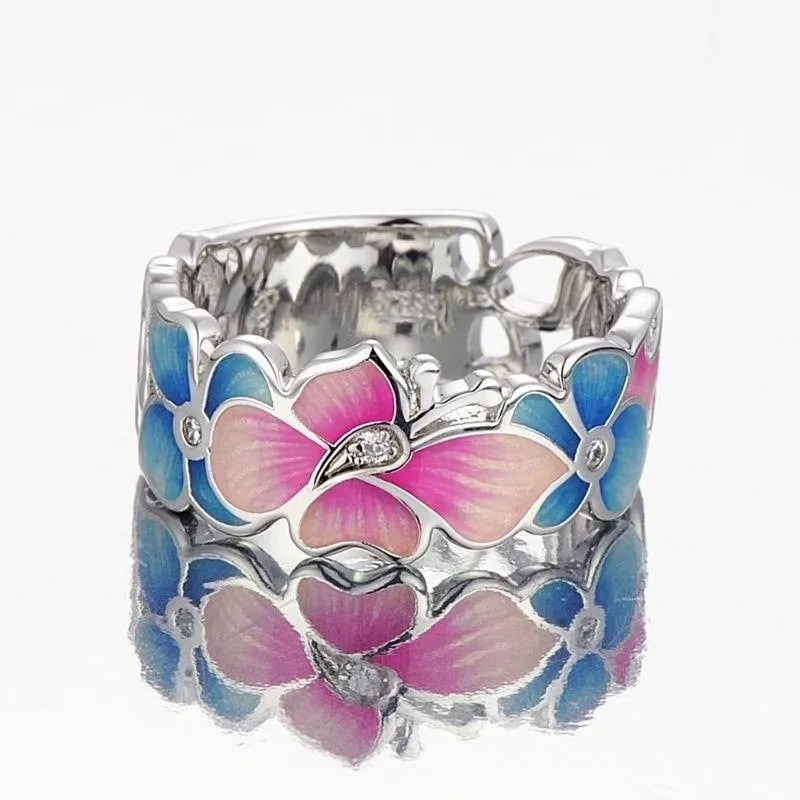 Sterling Silver Pink Blue Butterfly Flower CZ Band Ring