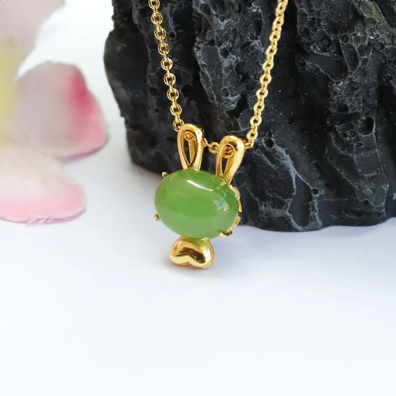 Sterling Silver Rabbit Necklace with Natural Hetian Jade Gem - Fortune's Favor Collection