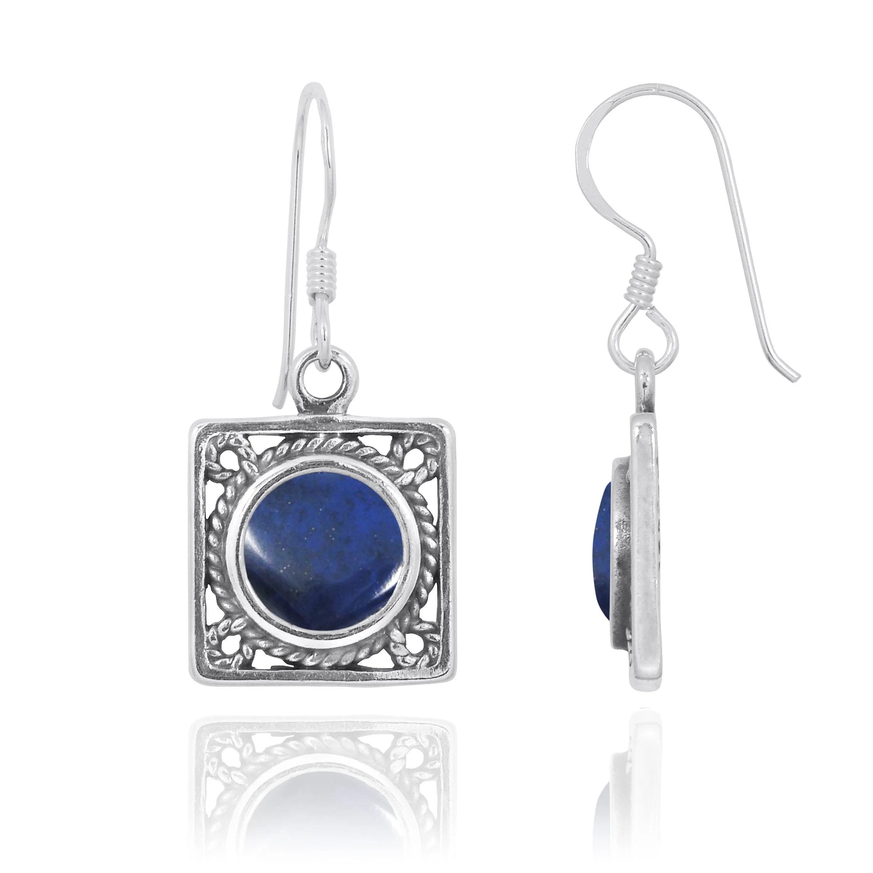 Sterling Silver Square French Wire Earrings with Round Lapis