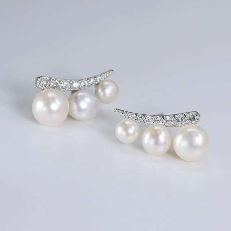 Three Freshwater Pearl with Zircon Silver Stud Earrings for Women