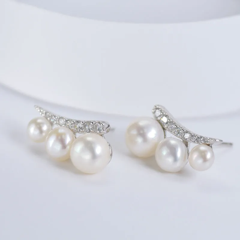 Three Freshwater Pearl with Zircon Silver Stud Earrings for Women